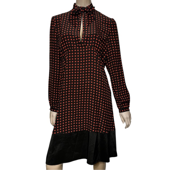 Saint Laurent Women’s L Black Red Star Print Long Sleeve A-Line Tie Neck Dress